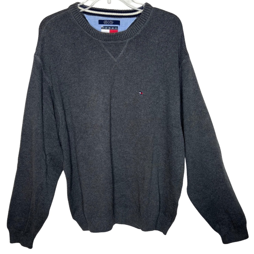 Tommy Hilfiger Mens XXL Charcoal Gray Cotton Knit Crewneck Sweater Flag Logo